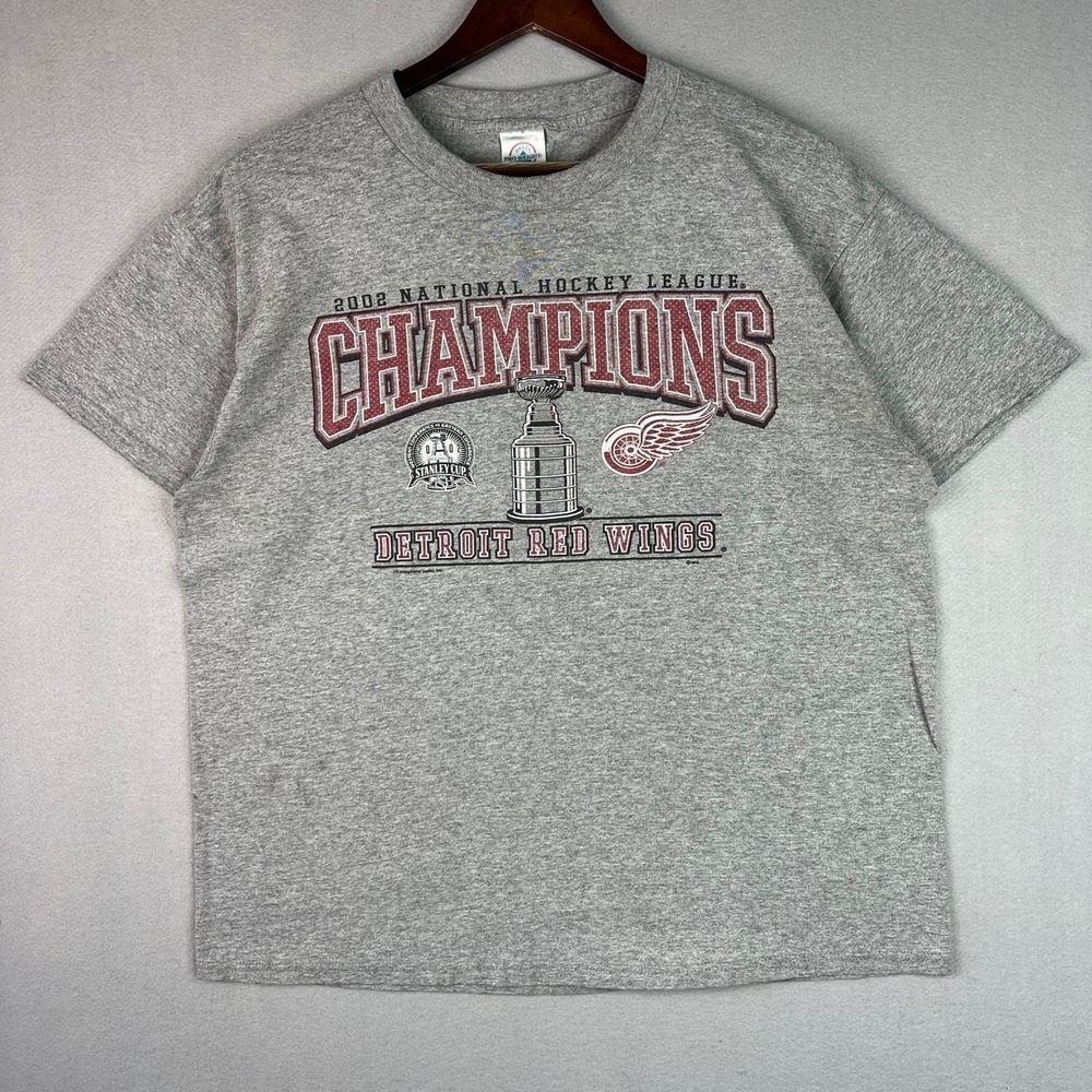 Vintage Detroit Red Wings NHL Hockey Stanley Cup Champions Gray Tee Shirt 2002 L